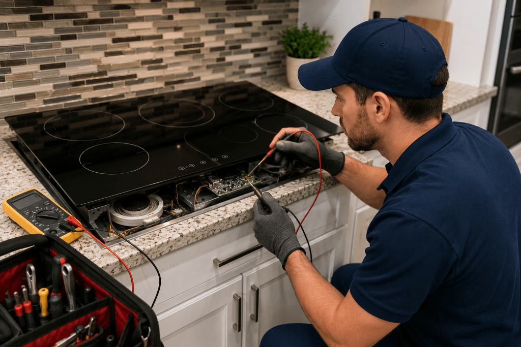 Appliance technician repairing a built-in cooktop with a burner that will not heat