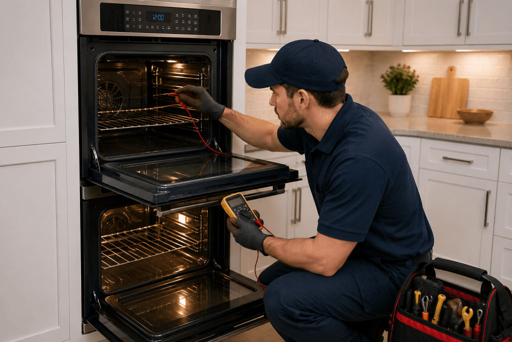 Appliance technician diagnosing a built-in double oven in a Northeast Ohio kitchen