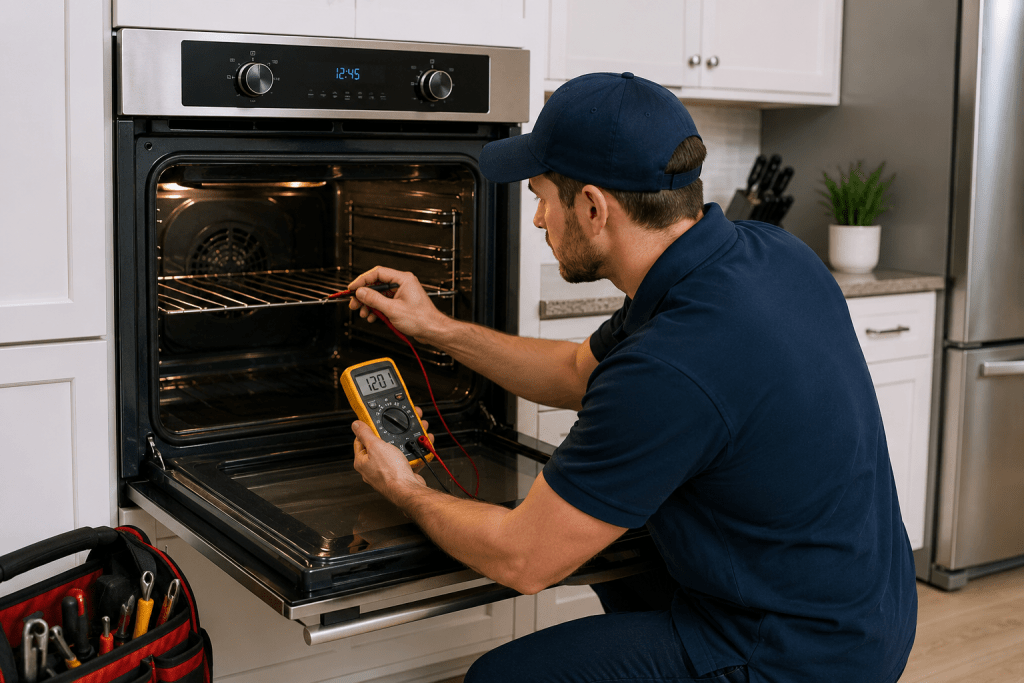 Appliance technician diagnosing a built-in oven with heating and temperature problems