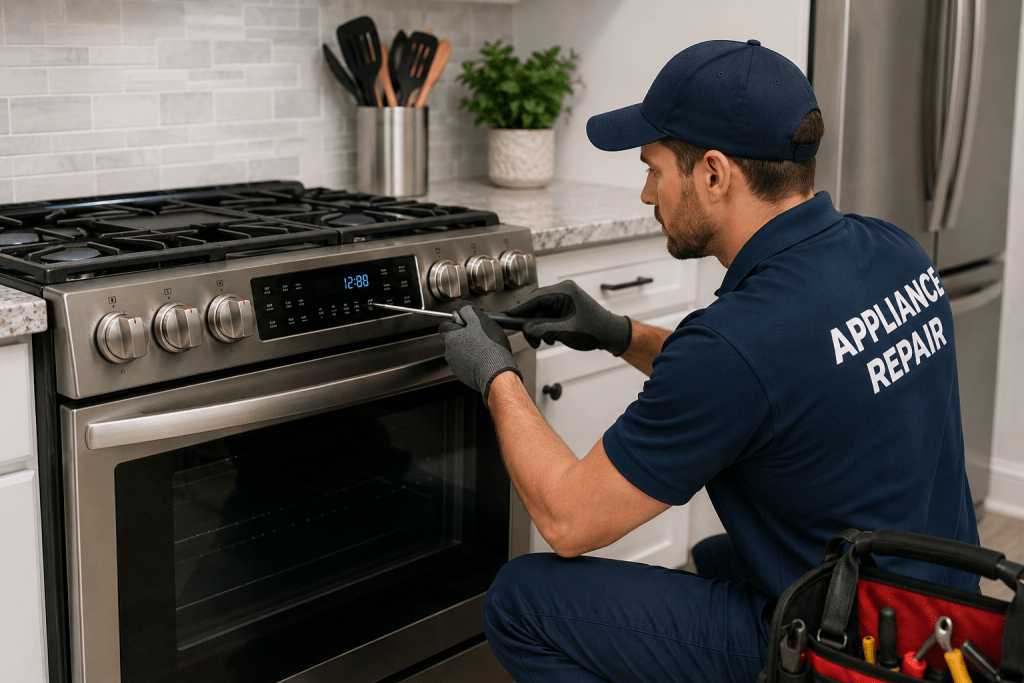 Appliance technician repairing a kitchen range with a burner that will not heat