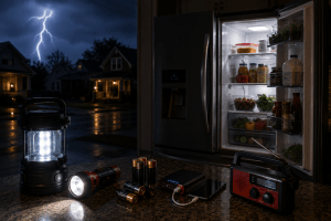 Modern refrigerator and emergency supplies during a power outage in a Cleveland home.