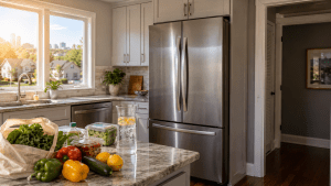 Modern refrigerator in a Cleveland kitchen during a hot summer day with fresh groceries and bright sunlight.