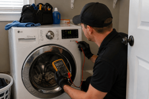 Technician diagnosing an LG washing machine displaying the tE error code