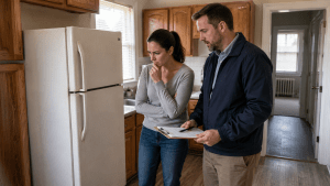 Landlord and tenant reviewing a broken kitchen appliance in a rental home