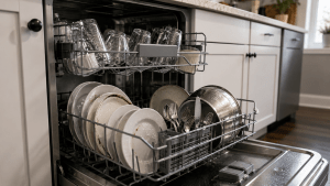 Open dishwasher with wet dishes and water droplets after a wash cycle