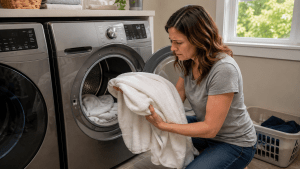 Homeowner checking damp towels after a dryer cycle during humid summer weather
