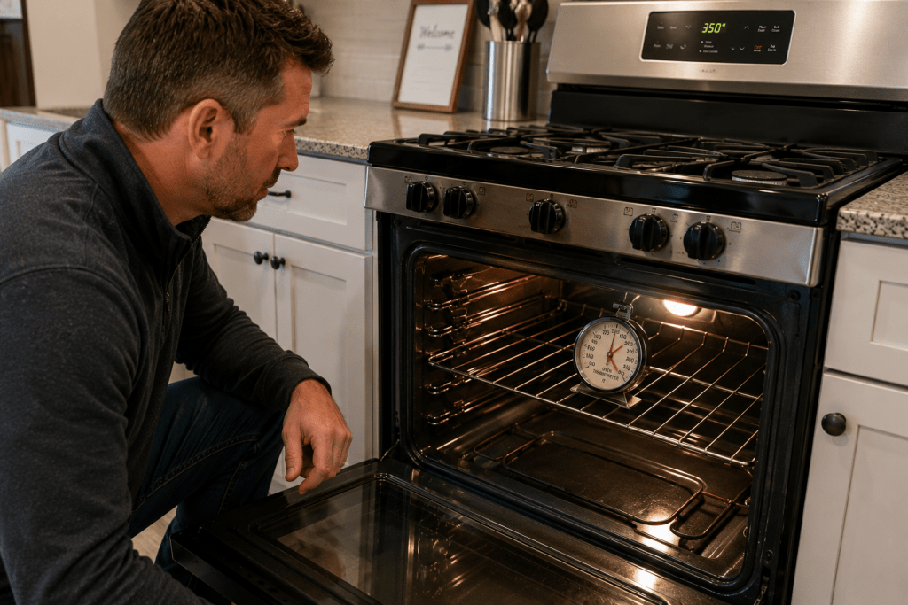 Checking an oven cavity temperature against an oven thermometer during a diagnosis